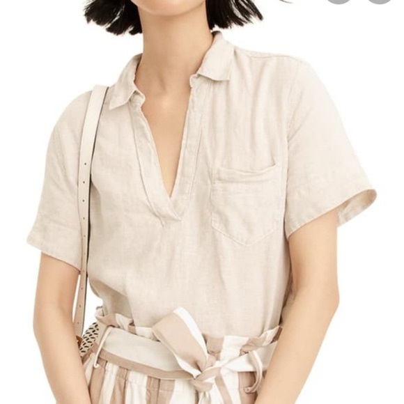 J. Crew 100% Linen Oatmeal Popover Blouse - Small Petite - Picture 2 of 10